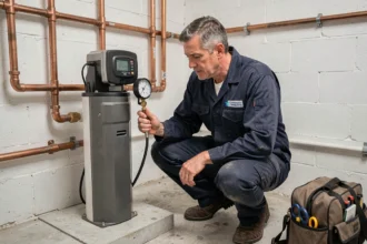 Technicien inspectant une pompe à chaleur géothermique dans une salle technique intérieure