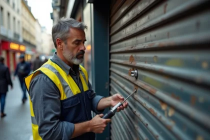 Technicien en overalls examine une serrure métallique urbaine