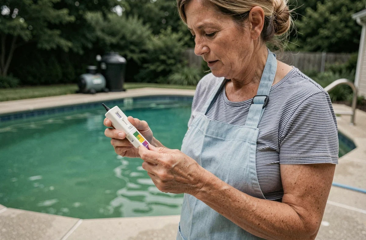 Femme testant la qualité de l'eau d'une piscine avec une bandelette colorimétrique pour ajuster le dosage en chlore