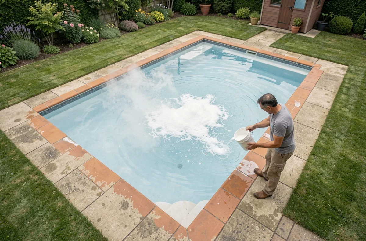 Vue aérienne d'une piscine résidentielle pendant le traitement choc au chlore, solution versée dans l'eau depuis un seau