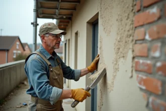 Ouvrier appliquant un enduit de façade sur une maison pavillonnaire avec truelle et échafaudage