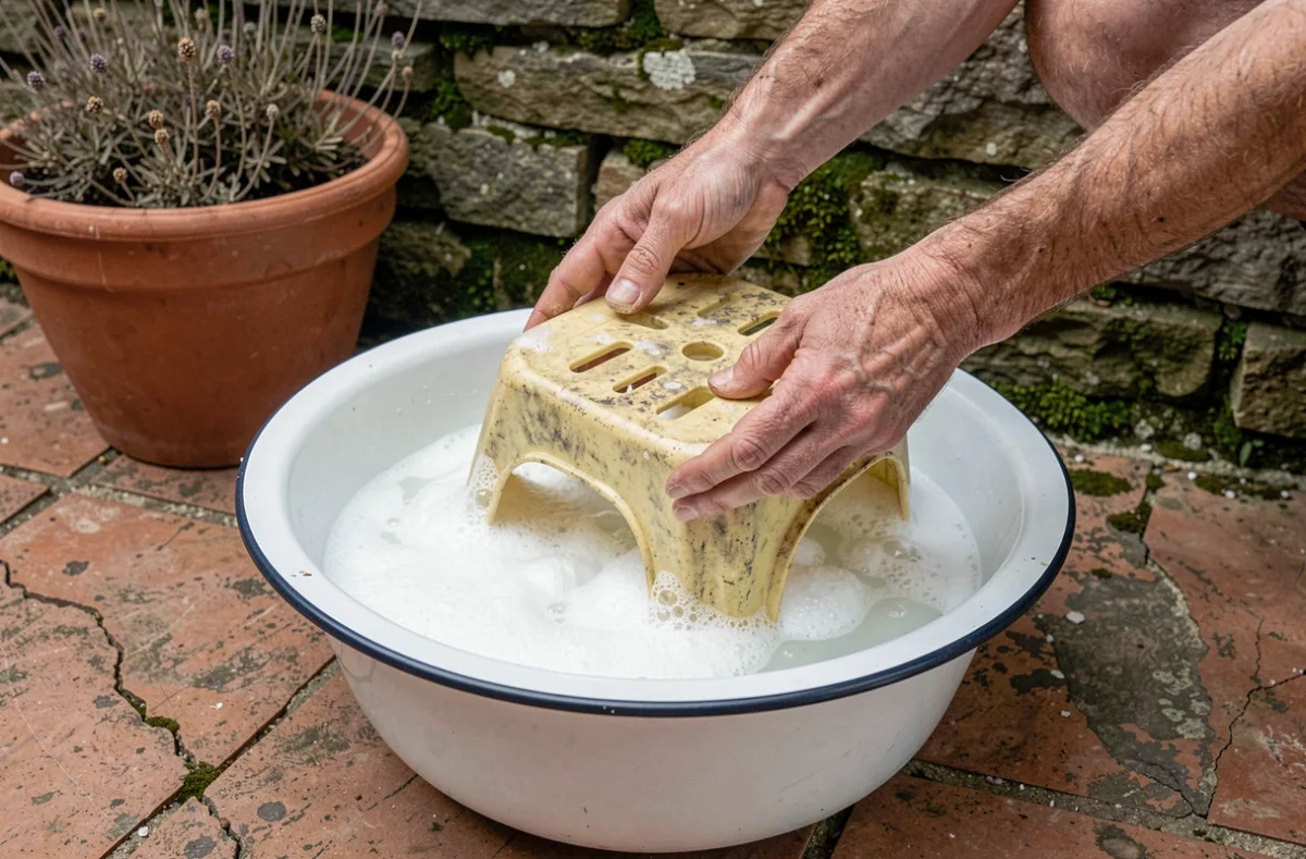 Mains plongeant une pièce en plastique jauni dans un bain de bicarbonate de soude à l'extérieur sur une terrasse en pierre