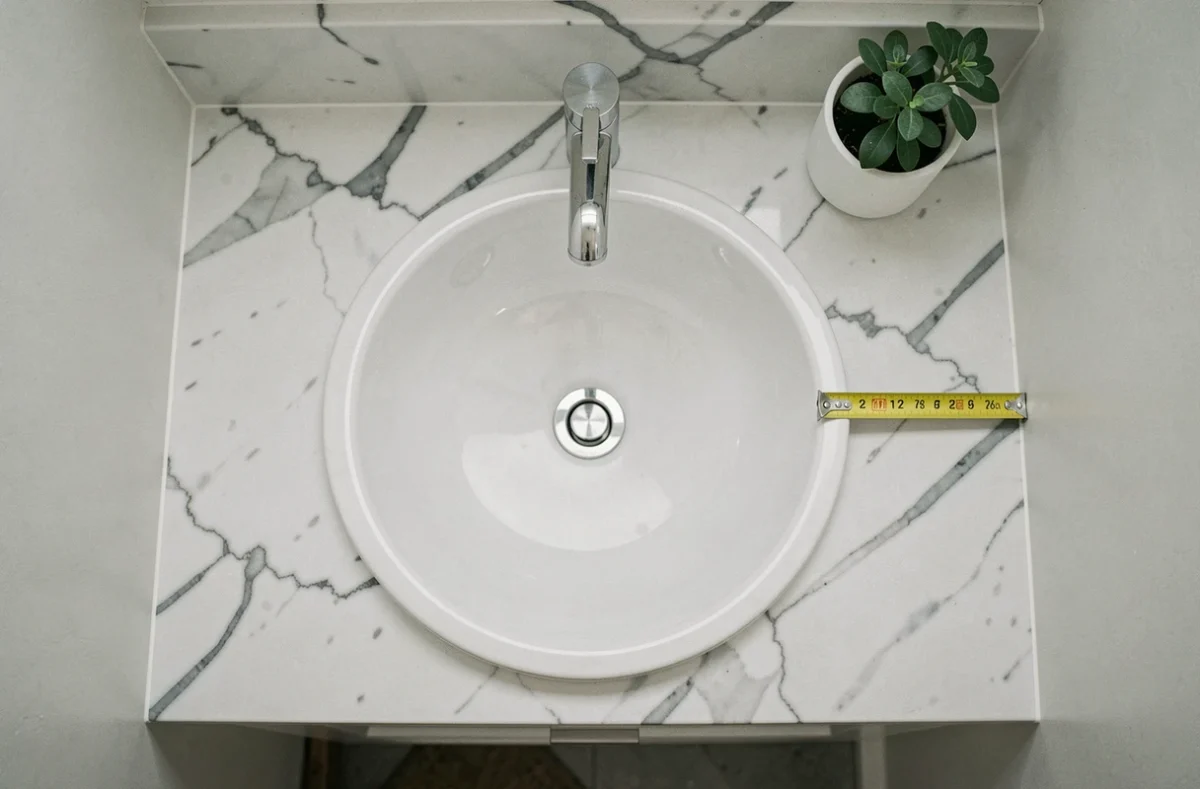 Vue aérienne d'une vasque ronde en porcelaine avec mètre ruban mesurant les marges autour du bac sur plan de travail en marbre