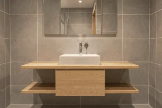 Vasque rectangulaire en céramique blanche sur meuble vasque en chêne avec marges de sécurité visibles de chaque côté