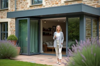 Femme debout dans une véranda moderne en aluminium et verre accolée à une maison en pierre, vue depuis le jardin