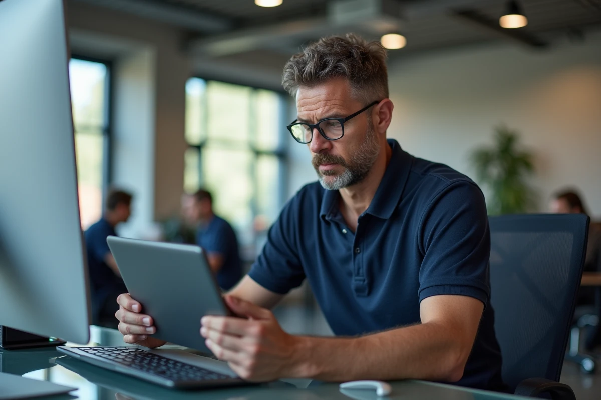 Homme vérifiant les avis en ligne avant d'accepter une aide informatique à distance dans un bureau moderne