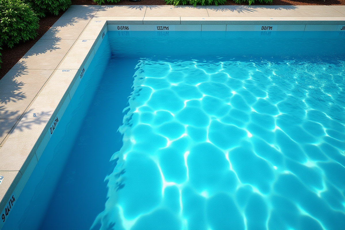 Piscine vue du dessus avec eau bleue et marquages de profondeur